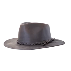 Chapeau en cuir modèle australien, couleur marron foncé, aile 7cm