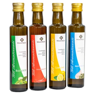Mix Condimenti a base di Olio extra vergine d'oliva e Limone, Peperoncino, Bruschetta, Basilico, 4x250ml