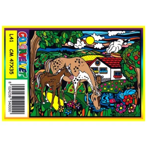 Quadro large con disegno in velluto da colorare: Cavalli Naif, 47x35cm