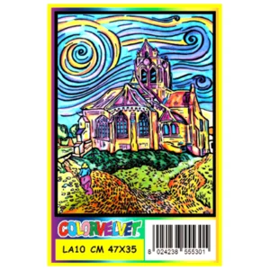 Quadro large con disegno in velluto da colorare: Chiesa di Auvers, Van Gogh, 47x35cm