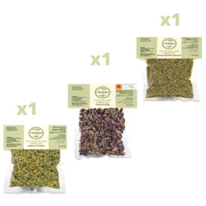 Tris packs de pistache : entière, moulue et en grains (3x100g)
