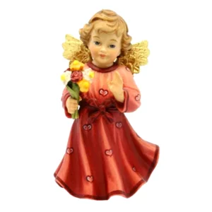 Engel aus Ahornholz mit Blume, rot, 8 cm