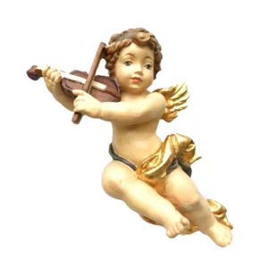 Angelo con violino in legno di acero colorato a olio, 10cm