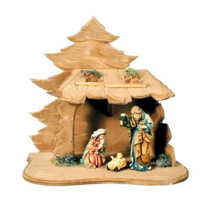 Krippe Heilige Familie mit Hütte aus Ahornholz, ölgefärbt, 8cm