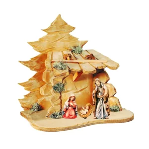 Crèche avec Sainte Famille et cabane en bois d'érable, colorée à l'huile, 10cm