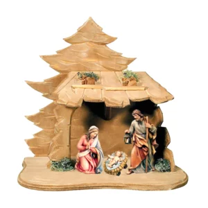 Heilige Familie mit Hütte, ölkoloriert, 11 cm