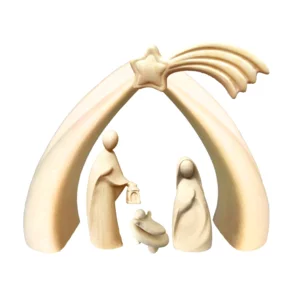Sacra Famiglia Moderna scolpita in legno di acero, naturale, 12cm
