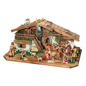 Krippe mit 14 Figuren mit Hütte aus handgefertigtem Ahornholz, mit Öl gefärbt, 8cm