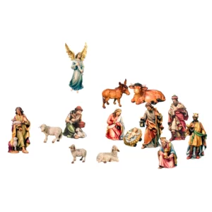 Crèche de 14 figurines en bois d'érable sans cabane, colorées à l'huile, 8cm
