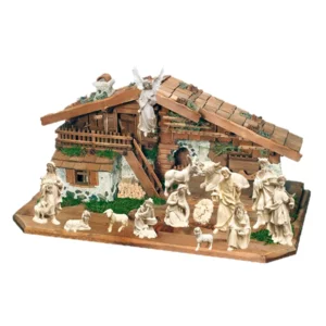 Crèche de 14 figurines avec cabane en bois d'érable fait main, naturel, 8cm