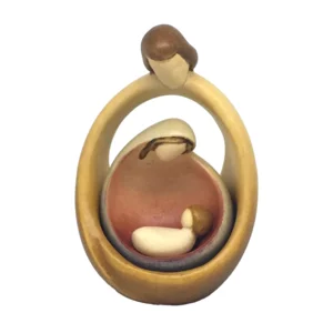 Scultura Natività con Sacra Famiglia presepe moderno in legno, colorato a olio, 12cm
