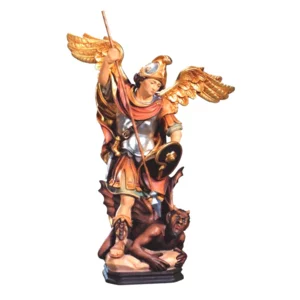 Erzengel Michael mit Schwert und Teufel aus Holz, mit Öl gefärbt, 12 cm