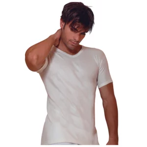 Maglietta intima uomo scollo a V, lana e cotone, mezza manica, bianco, conf. da 3pz