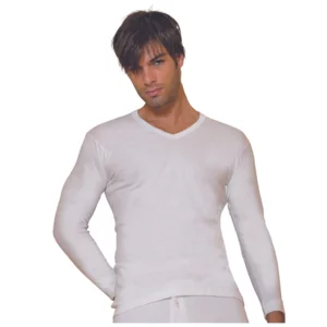 Maglietta intima uomo scollo a V, lana e cotone, manica lunga, bianco, conf. da 3pz