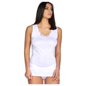 Maglietta intima donna, spalla larga, scollo macramè, bianco, conf. da 3pz