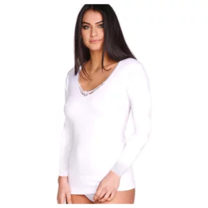 Maglietta intima donna, manica lunga, scollo in macramè, bianco, conf. da 3pz
