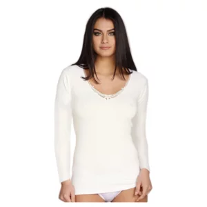 Maglietta intima donna, manica lunga, scollo in macramè, lana e cotone, bianco, x 3pz