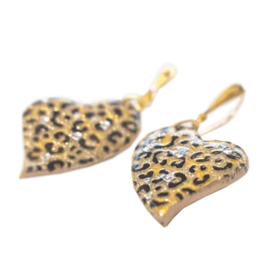 Boucles d'oreilles coeur léopard, pâte polymère, cristaux Swarovski®, or 24 carats, argent 925 plaqué or 24 carats