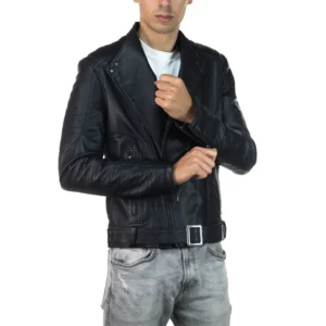 Herren Bikerjacke aus schwarzem Lammleder, Leinen