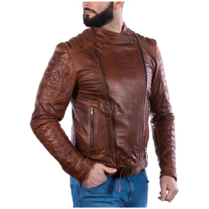 Giacca uomo chiodo in pelle cuoio effetto vintage, Lino