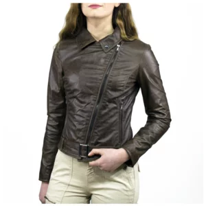Damenjacke aus echtem Leder mit Gürtel - dunkelbraun