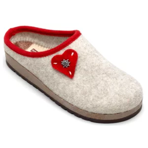 Pantofole tirolesi panna con cuore rosso, modello Milano 