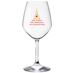 Calice da vino in vetro con decorazione: "All I Want for Christmas is a Glass of Wine"