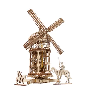 Modello meccanico in legno: mulino con Don Chisciotte e Sancio Panza, Ugears