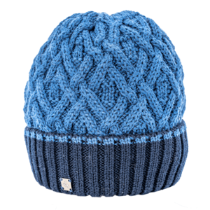 Cappello lana bicolore, risvolto a coste e testa a trecce