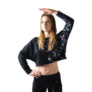 T-shirt donna manica lunga Yoga, fatta e dipinta a mano, nera