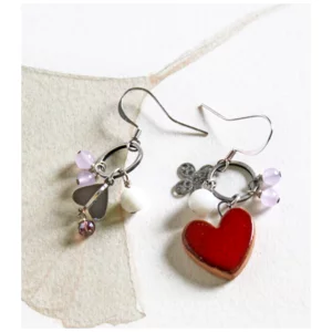 Boucles d'oreilles coeur, céramique et pierres semi-précieuses, 5cm