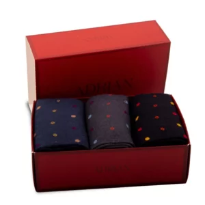 Tris lange Socken für Herren mit „farbigen Polka Dots“, in einer edlen Geschenkbox