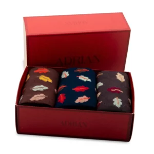 Tris lange Socken für Herren mit "Blätter", in einer eleganten Geschenkbox
