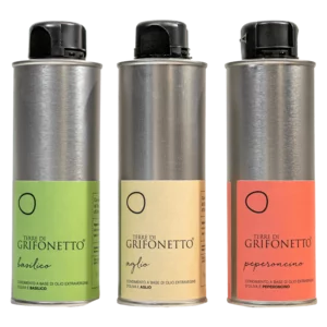 3 condiments aromatisés, huile d'olive extra vierge Terre di Grifonetto, boîte de 3x250ml