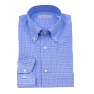 Chemise artisanale slim ou classique, pied de poule, blanc/bleu clair