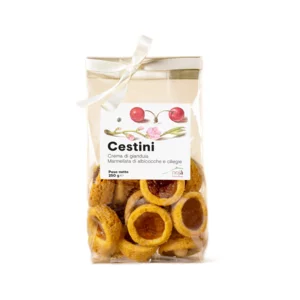 Cestini di farro con crema di gianduia, marmellata di albicocche e ciliegie, 250g